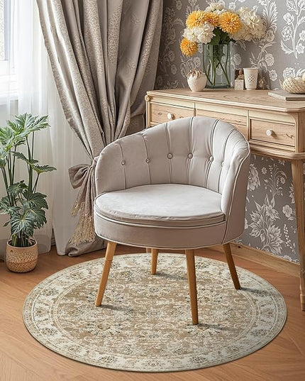 jinchan Fiora Round Rug 5ft Area Rug - Indoor Vintage Hallway Circle 5' Washable - Ultra-Thin Low Pile Soft Small Non Slip Distressed Floral Print for Living Room Dining Room Bedroom Entryway Taupe