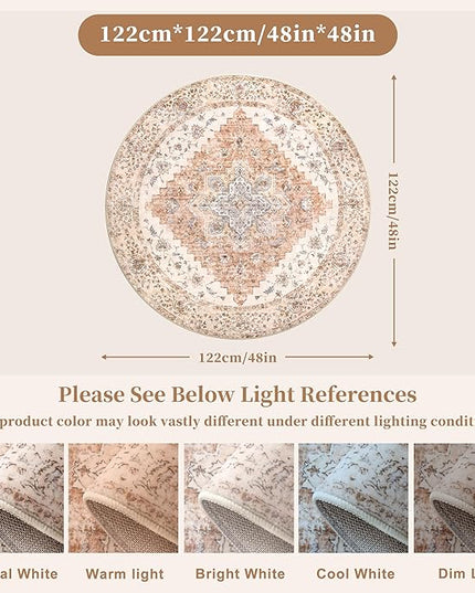 Ciicool Boho Area Rug 4x4ft Round Washable Bedroom Non-Slip Vintage Entryway Throw Rug Low-Pile Indoor Carpet for Living Room Foyer Rug(Vintage Cream/Brick)