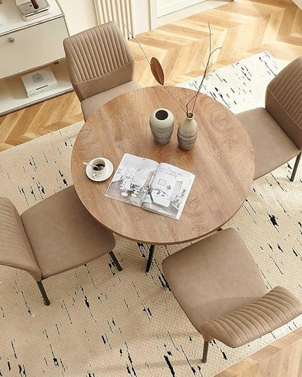 37" Round Dining Table Set for 4, Mid Century Modern Small Coffee Set for Dining Room Kitchen Apartment (Walnut Table + 4 PU Leather Beige Chairs)