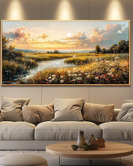 FUHAIHUA Large Wood Framed Wall Decor For Living Room Canvas Wall Art For Office Modern Wall Decorations For Bedroom Sunset Landscape Painting Farmhouse Pictures Artwork Room Home Decor 24x48 In