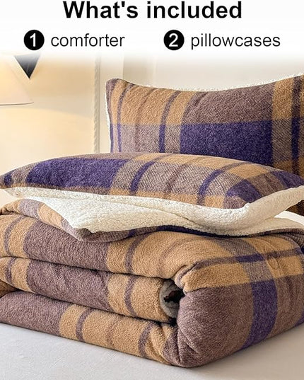 Cyusri Plaid Sherpa Comforter Set 3Pcs Fluffy Warm Fleece Down Alternative, Khaki Blue Grid Pattern Bedding Set with 2 Pillowcases, Queen Size 90"x90"