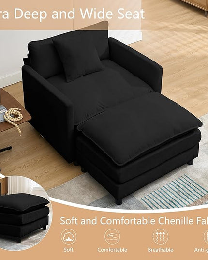 SZLIZCCC 56.3''D Oversized Chaise Lounge Chair Indoor, Comfy Chenille Upholstered Sofa Chair with Ottoman, Deep Seat Single Sofa Couch with 1 Pillow for Living Room(Black, 56.3"- Single Seat)