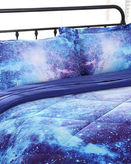 Wowelife Galaxy Bedding Twin Outer Space Comforter Set 5 Pieces Blue Cosmic Galaxy Bed Set Kids Bed in A Bag Twin for Teen Boys and Girls with Comforter, Flat Sheet, Fitted Sheet and 2 Pillowcases