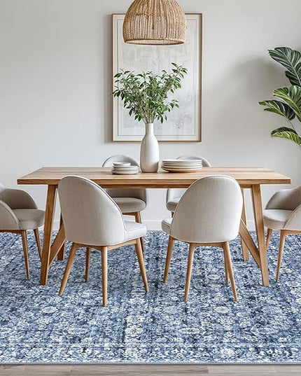 8x10 Area Rug Blue, Vintage Floral Large Washable Rug for Living Room Non-Slip Ultra Soft Bedroom Rug Tribal Traditional Farmhouse Carpet for Dining Room Office Home Décor