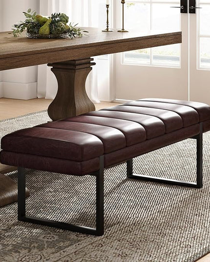 HULALA HOME 53" Faux Leather Entryway Bench, Button Tufted End of Bed Bench Ottoman for Bedroom, Living Room with Metal Base,Brown