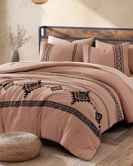MaiRêve Embroidery Comforter Set, Boho Farmhouse Western Bedding Set, All Season Bed in A Bag Comforter Set with Sheets, Pillowcases & Shams, Dusty Pink Queen 7 Pieces