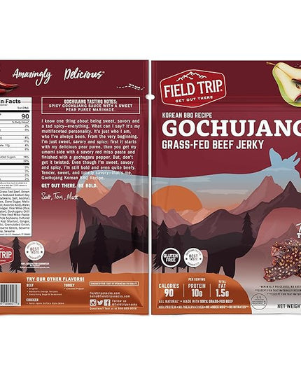 Field Trip Grass Fed Beef Jerky, Healthy Gluten Free Snacks, All Natural, Paleo-Friendly Beef Jerky, High Protein, Low Carb Snack with No Nitrates, 1oz Bag, 12 Pack, Gochujang Korean BBQ