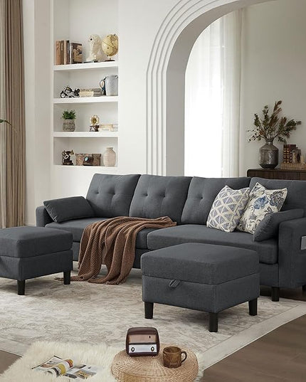 101" Sectional Sofa 4 Seat U Shaped Couch with Storage Ottoman for Living Room, Reception Room ect, Combination Sectional Couch with Movable Ottoman Sets, Darkgrey