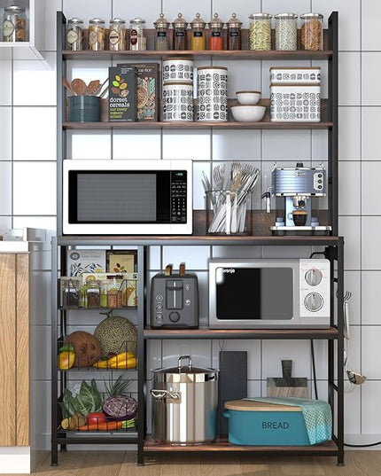 Baker Rack with Power Outlet,5-Tier Kitchen Utility Storage Shelf with Hooks,Microwave Oven Stand with Storage,Kitchen Shelf with Basket，Rustic Brown