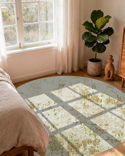 Modern Abstract 8x8 Round Area Rug Non Slip Non Shedding Rug Low Pile Stain Resistant for Bedroom Living Room Office Dining Room,Golden Grey