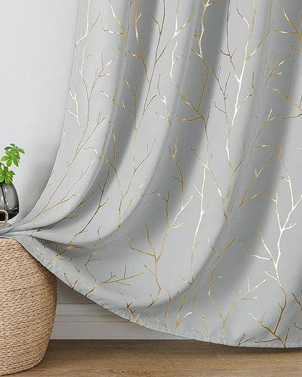 BUHUA Blackout Curtains 84 Inches Long, Gold Foil Print Pattern Room Darkening Curtain, Living Room Curtains & Drapes, Thermal Insulated Window Panel Set, 52 x 84 Inch, Silver