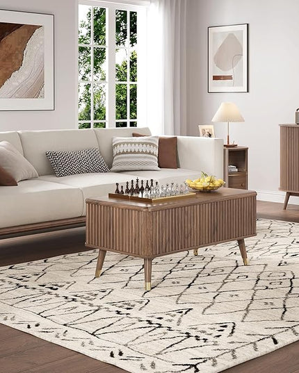 Lift Top Coffee Table with Storage, Mid Century Modern Coffee Table with Solid Wood Legs, 38" Minimalist Fluted Center Table for Living Room, Home Office, Walnut