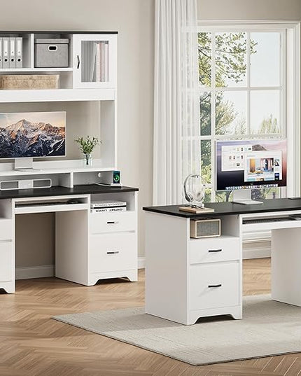 Bestier 59” Computer Desk with 4 Drawers, Office Desk with Storage, Modern Executive Desk with Charging Station, Keyboard Tray & Wooden Pedestals on Both Sides for Home Office & Studio, White