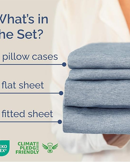 Queen Size 4 Piece Sheet Set - Comfy Breathable & Cooling Bed Sheets Set - Hotel Luxury Bedding for Women, Men, Kids, Teens, Boys & Girls - Deep Pockets, Soft & Wrinkle Free - Blue (Heathered Sheets)