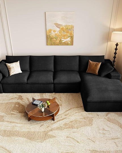 136" Cloud Couch Modular Sectional Sofa for Living Room, L-Shape Boneless Couch with Deep Seat, Modern Corduroy 4-Seater, No Assembly Required (Black,Right-Facing Chaise)