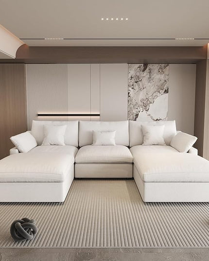 120" Cloud Couch Modular Sectional Sofa with Ottoman,Down Filled U Shaped 5 Seater Convertible Sofa,Cover Washable and Replaceable Couches for Living Room,White