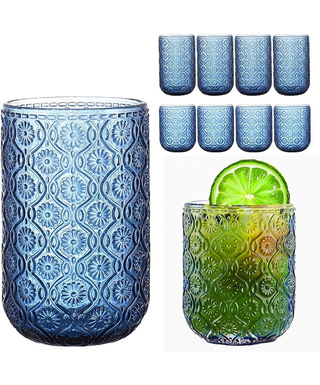 Blue Drinking Glasses Set of 8, 12 Oz Highball & 10 Oz Cocktail Glasses, Blue Kitchen Vintage Glassware Set, Floral Embossed Glass Tumbler Cups for Water, Beer, Juice, Whiskey, Coffee