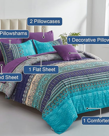 Cottolester Boho Comforter Set King Size 8 Piece Bed in a Bag Bohemian Striped Bedding Quilt Set Aqua Paisley Floral Comforter and Sheet Set,Soft Microfiber Complete Bedding Sets for All Season