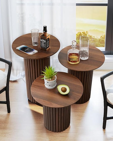 Round Nesting Coffee Table Set of 3,Mid Century Modern Fluted Coffee and End Table Set,Small Circle Wooden Side Table Drink Table for Living Room (Walnut)