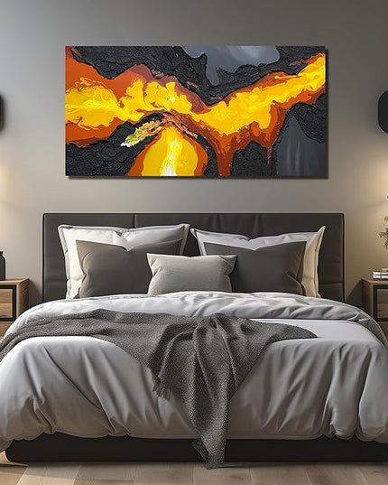 Abstract Lava Flow Canvas Wall Art for Living Room, Black and Gold Yellow Wall-Decor for Bedroom, Modern Textured Volcanic Landscape Paintings for Hallway Office, Size 58x29 Inches Hand Painted