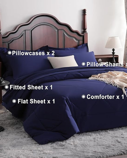 NTBAY King Comforter Set with Sheets, 7 Pieces Soft and Breathable King Bedding Set, Bed in a Bag, Down Alternative Comforter Set Solid Color All Season, Navy Blue