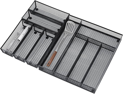 Neudeco Drawer Organizer Set 6 Pack - 5-Compartment Silverware Organizer Tray + 5 Utensil Trays, Kitchen Drawer Organizer for Flatware, Cutlery, Office Supplies, Black Mesh, Non-Slip.