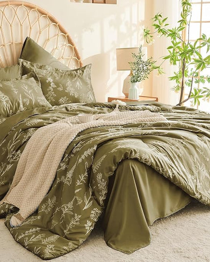 MUXHOMO Olive Green Bed in a Bag Queen 7 Pieces, Queen Comforter Set Reversible Botanical Flowers Design, Ultra Soft & Breathable Bedding Sets with Comforter, Sheets, Pillowcases & Shams