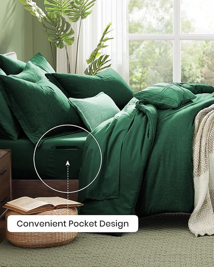 Monbix Queen Comforter Set - 7 Pieces Cationic Dyeing Emerald Green Bed in a Bag Queen Bedding Sets with Comforter, Sheets, Pillowcases & Shams, Reversible Bedding Comforters Sets