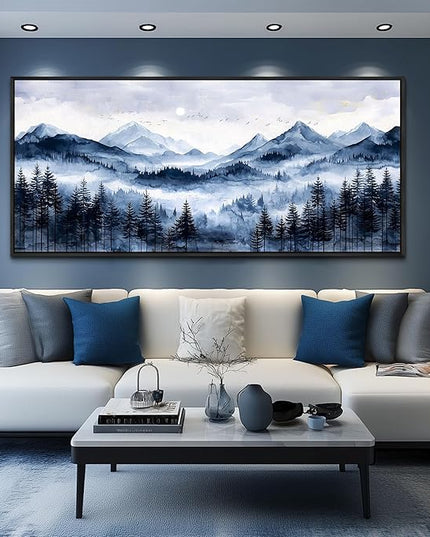 ERQINHUA Canvas Wall Art For Bedroom Large Wall Decor For Living Room Office Mural Misty and Fog Forest Painting Mountain Landscape Picture Artworks Home Decor Black Framed Ready To Hang 32x72 In