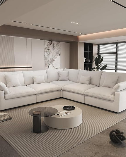 Modular Sectional Sofa,119inch V Shaped Down Filled Cloud Couch,5 Seater Convertible Sofa Living Room Set,Cover Washable and Replaceable Couches for Living Room,White