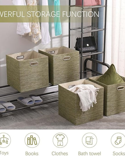 13×13 Inch Fabric Storage Cube Bins, Foldable Cube Organizer Boxes with Handles, Collapsible 4-Pack Storage Baskets for Closet, Shelf, Bookcase & Bedroom – Secret Meadow Green