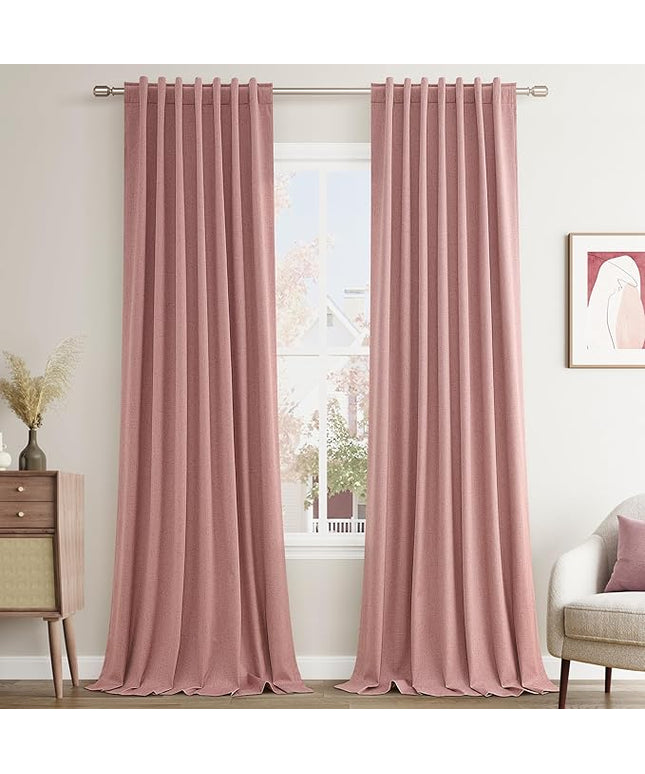 Guken Linen Blackout Curtains 120 Inch Length 2 Panels Set for Living Room Bedroom Back Tab Thermal Insulated 100% Black Out Linen Drapes Room Darkening Window Curtains 120 Inches Long, Pink