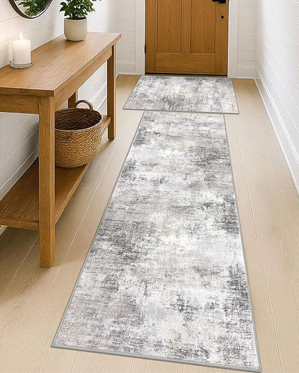 IOHOUZE Abstract Area Rugs and Runners Sets 2x3 and 2x6 Ft, Washable Entryway Rug and Runner Set, Non Slip Kitchen Rug Set, Printed Faux Wool Modern Floor Carpet for Hall Kitchen Entrance, Grey Beige