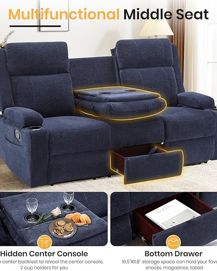 Manual Reclining Sofa,RV Loveseat Reclining Couch with Drop Down Table/ 4 Cup Holder/Hidden Storage, Wall Hugger Recliner Sofa for Living Room & Home Theater & RV(Blue)