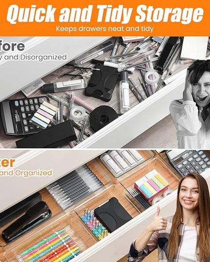 Criusia 22 Pcs Drawer Organizer Bins, Acrylic Non Slip Kitchen Drawer Organizers Storage Tray Divider, Multifunctional Storage for Cosmetics, Bathroom, Tools, Kitchen and Office