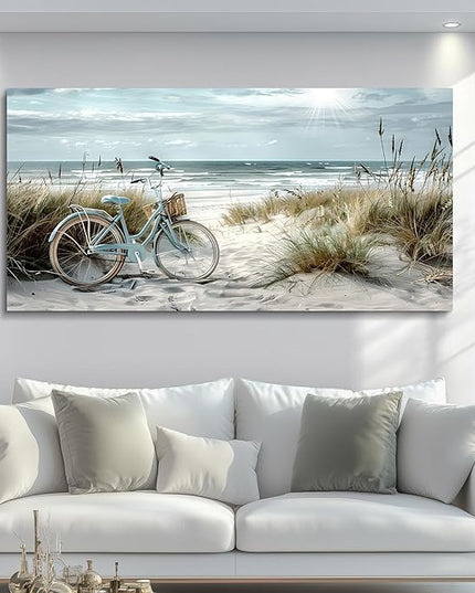 FUHAIHUA Large Wall Art For Bedroom Canvas Wall Decor For Living Room Office Decoration Blue Beach Bicycle Seascape Painting Ocean Landscape Wall Pictures Artwork Modern Home Decor Posters 30"X60"
