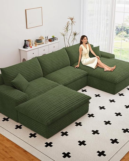 107" Cloud Couch Modular Sectional Sofa for Living Room, U-Shape Boneless Couch with Deep Seat, Modern Corduroy 3-Seater with Ottoman, No Assembly Required (Green,Right-Facing Chaise)