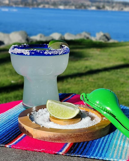 Dos Sueños Mexican Hand Blown Glass – Set of 4 Hand Blown Stemless Blue Rim Margarita Glasses (14oz)