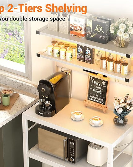 Aheaplus Bakers Rack with Power Outlet, Microwave Stand, 5 Tiers Coffee Bar Station with Led Lights, Kitchen Storage Shelf with 6 S-Shaped Hooks, Kitchen Rack for Spices, Pots and Pans, White