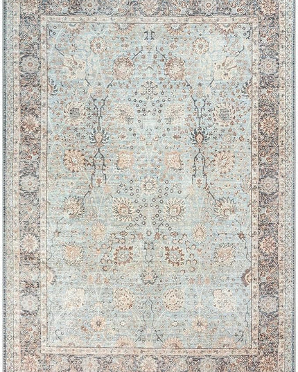 GLN Rugs Traditional Collection - Machine Washable Area Rug, Traditional Washable, Non Slip, Low Pile Chenille Rug, Living Room, Bedroom, Kitchen Rug (3'x5' Blue Floral)