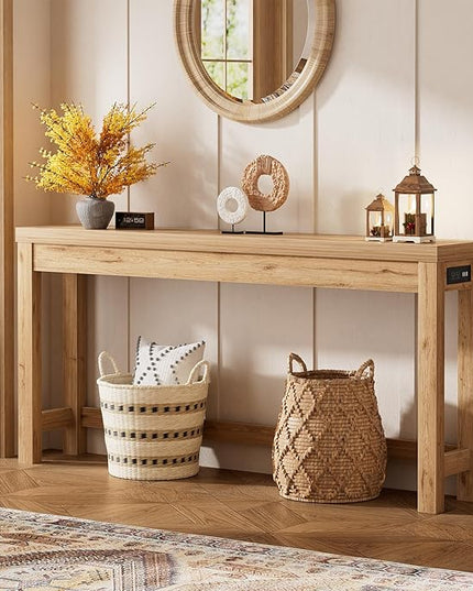 Cyclysio 63" Console Tables for Entryway, Long Console Tables for Living Room, Behind Couch Table, Sturdy Wood Support Farmhouse Entryway Table with 3AC+2USB Charging‌ Station, Natural Oak