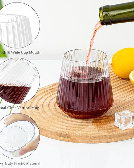 BESTSTAR 72 Pcs 12 oz Plastic Clear Ribbed Wine Glasses, Origami Ripple Disposable Champagne Glasses Elegant Whiskey Glasses Ideal for Weddings, Bars, Christmas, Halloween, Pool Party, Daily Use