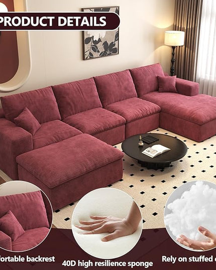 136.6'' U-Shaped Modern Modular Sectional Cloud Couch Whit Ottoman, 4-Seat Chenille Deep-Seat Sofa with Pillow for Living Room, Bedroom, Apartment, Wine Red