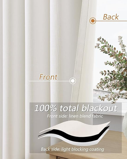 Guken Ivory Linen Blackout Curtains 84 Inch Length 2 Panels Set for Living Room Bedroom Back Tab Thermal Insulated 100% Black Out Linen Drapes Room Darkening Window Curtains 84 Inches Long
