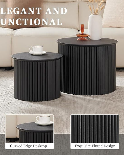 Small Fluted Round Nesting Coffee Table Set of 2, Mid Century Modern Coffee Table Circle Side Table, Wood Nesting Table Farmhouse End Tables Set for Living Room, Bedroom, Small Spaces(Black