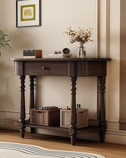 HMFULE Retro Curved Console Table, 36" Solid Wood Half Moon Console Table Sofa Table Entryway Table with 1 Drawer 1 Open Shelf Roman Legs Curved Corners for Living Room,Entryway,Hallway,Espresso