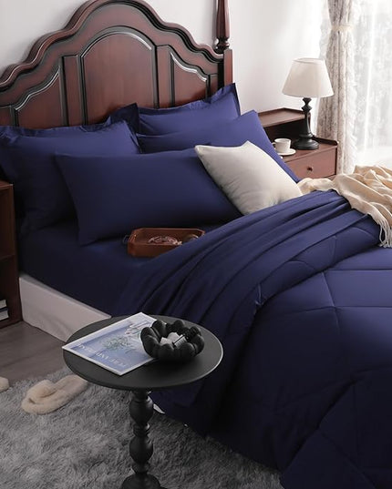 NTBAY King Comforter Set with Sheets, 7 Pieces Soft and Breathable King Bedding Set, Bed in a Bag, Down Alternative Comforter Set Solid Color All Season, Navy Blue