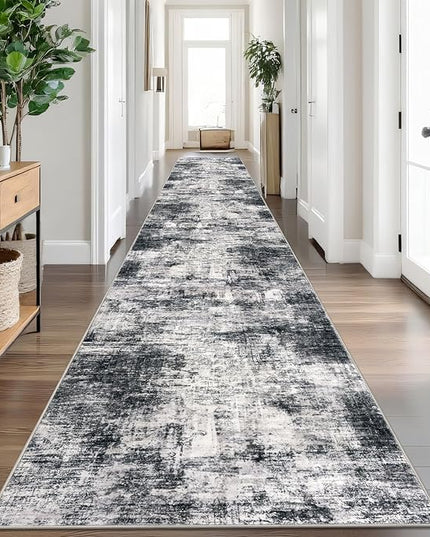 IOHOUZE Abstract Runner Rug 3x18 Ft Extra Long Washable Runners for Hallways, Non Slip Kitchen Runner Printed Faux Wool Entryway Runner Indoor, Modern Abstract Floor Carpet for Hall Stair, Black Grey