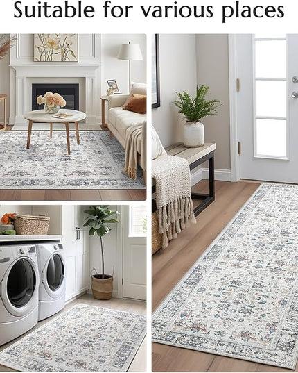 jinchan Area Rug 3x5 Entryway Rug - Washable Vintage Boho Floral Floor Cover Lightweight Low Pile Indoor Doormat Thin Non-Slip Carpet for Kitchen Living Room Bedroom Dining Room Office Grey Multi