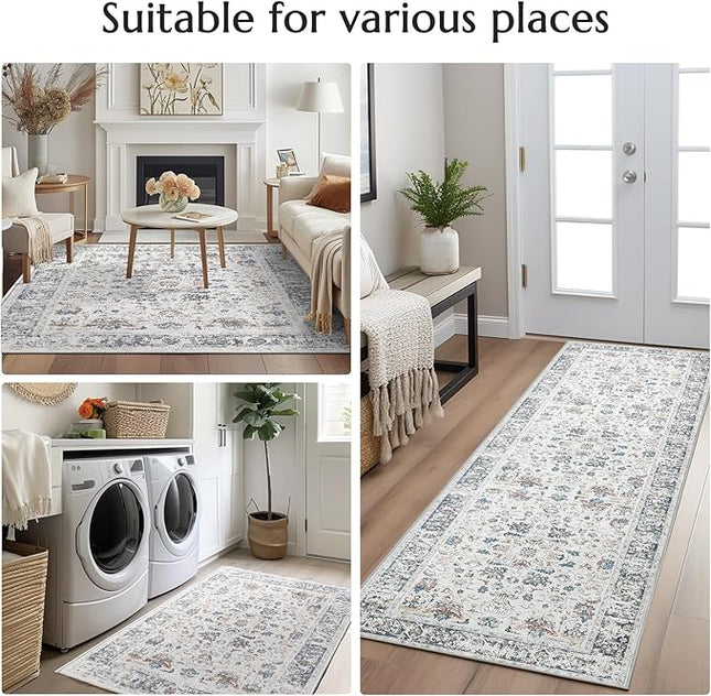 jinchan Runner Rug 2x5 - Hallway Rug Kitchen Washable Runner Vintage Floral Boho Lightweight Thin Non-Slip Retro Distressed Carpet for Entryway Bathroom Bedroom Laundry Room Grey Multi
